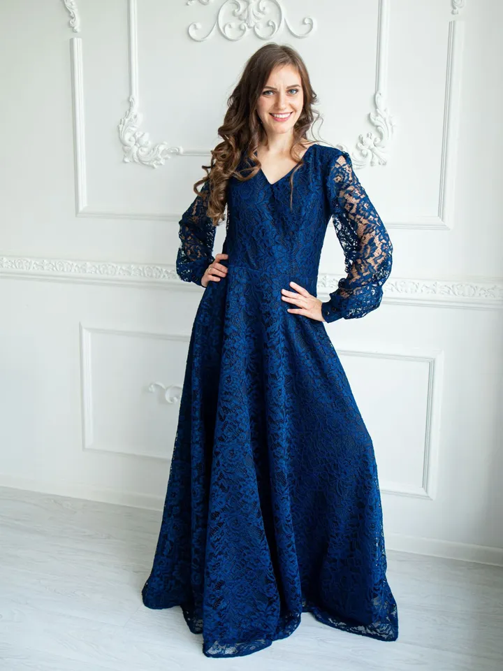 Navy Blue Dress, Maxi Lace Dress, Long Sleeve Gown, Photo Shoot Dress, Plus Size Clothing, Special Occasion Dress, A Line Gown, Formal Dress