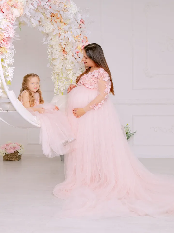 Maternity Mommy and Me Dress, Matching Maternity Photoshoot Dress, Blush Tulle Gown, Maternity Gown with train, Pregnancy Lace Dress