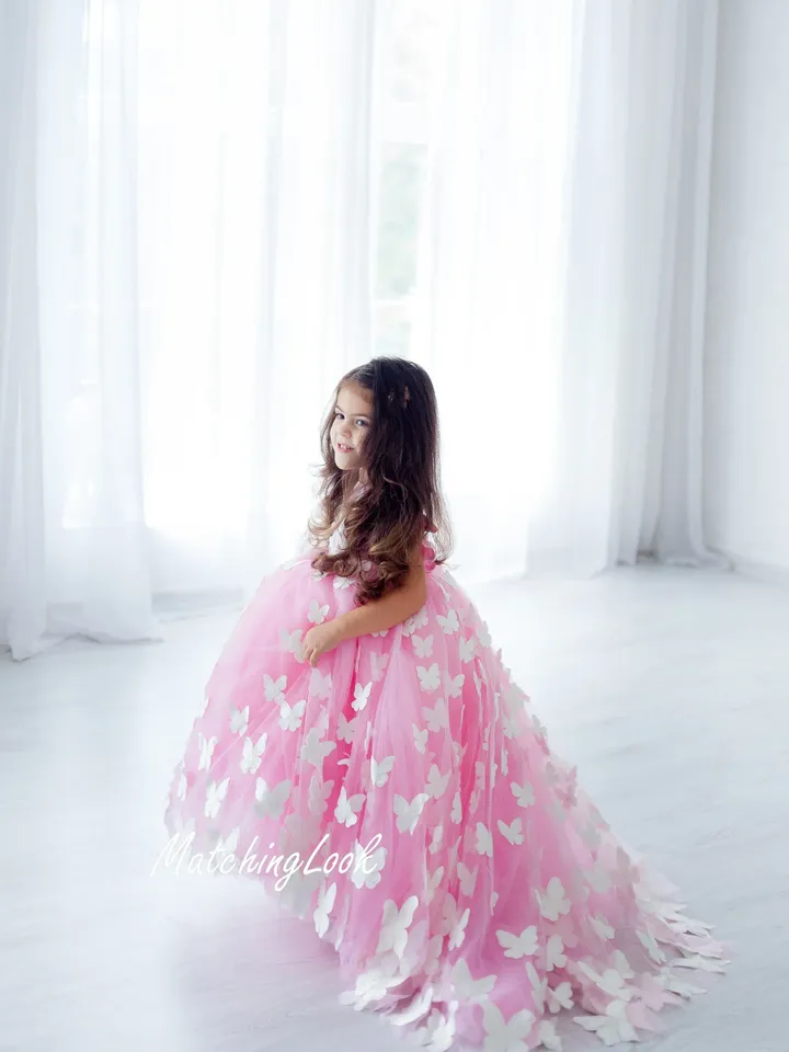 Pink Tulle Butterfly Flower Girl Dress, Girl Princess Dress With Train, Toddler Gown Dress