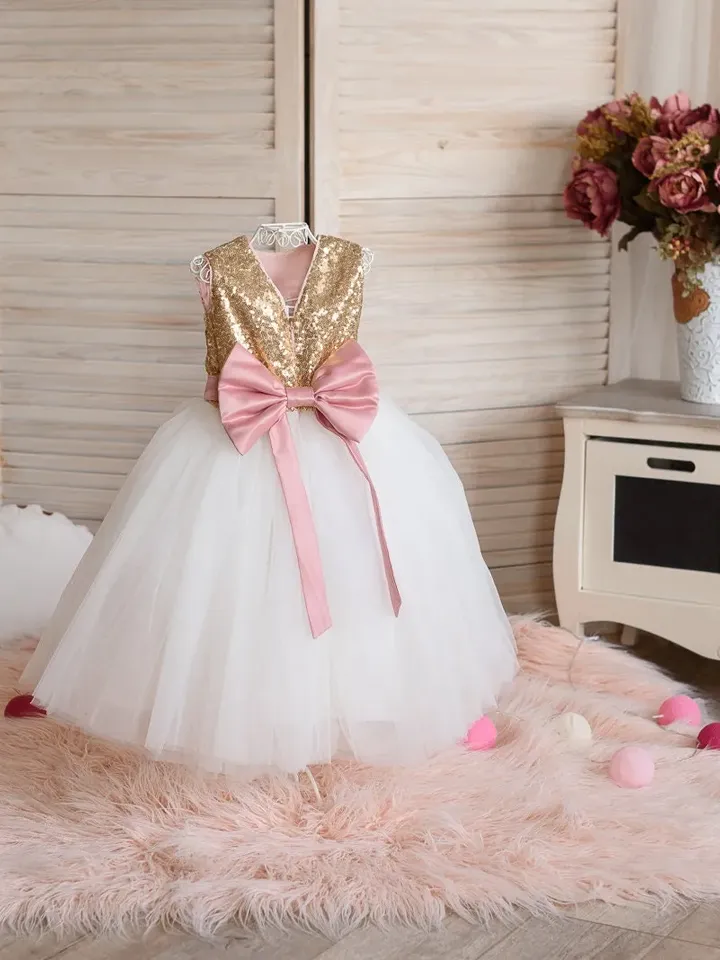 Flower Girl Sequin Tutu Dress with Bow, Gold and Ivory Dress for Flower Girl, Girl Birthday Gold Sequin Outfit, Birthday Dress for Baby Girl