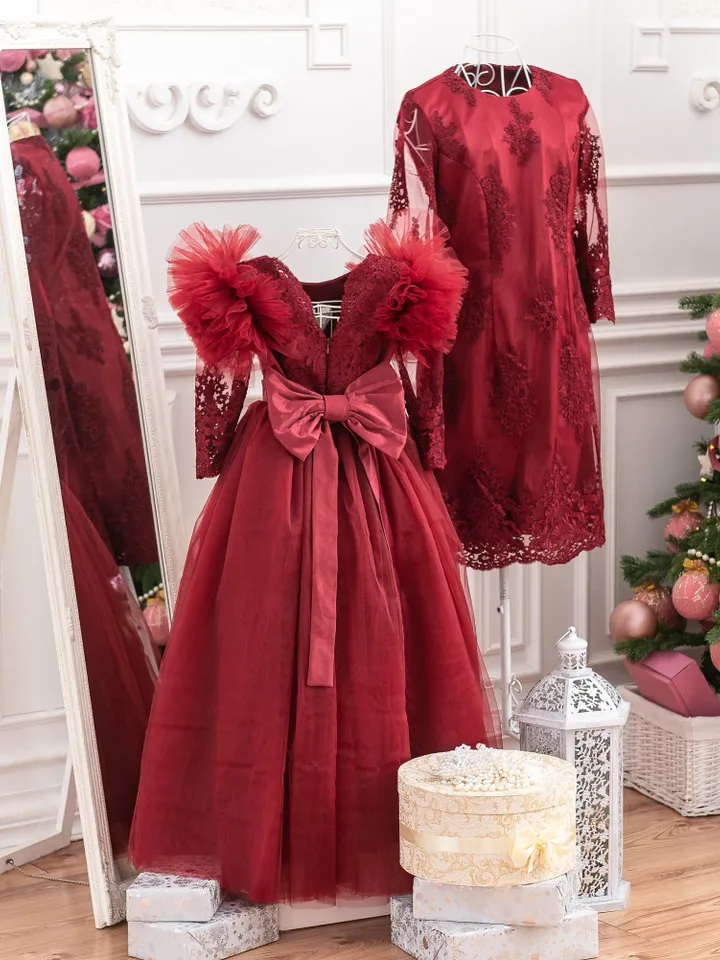 Dark Red Formal Dresses, Mother Daughter Matching Dress, Princess Tulle Dress, Girl Formal Gown, Mommy and Me Dress, Wedding Guest Dress