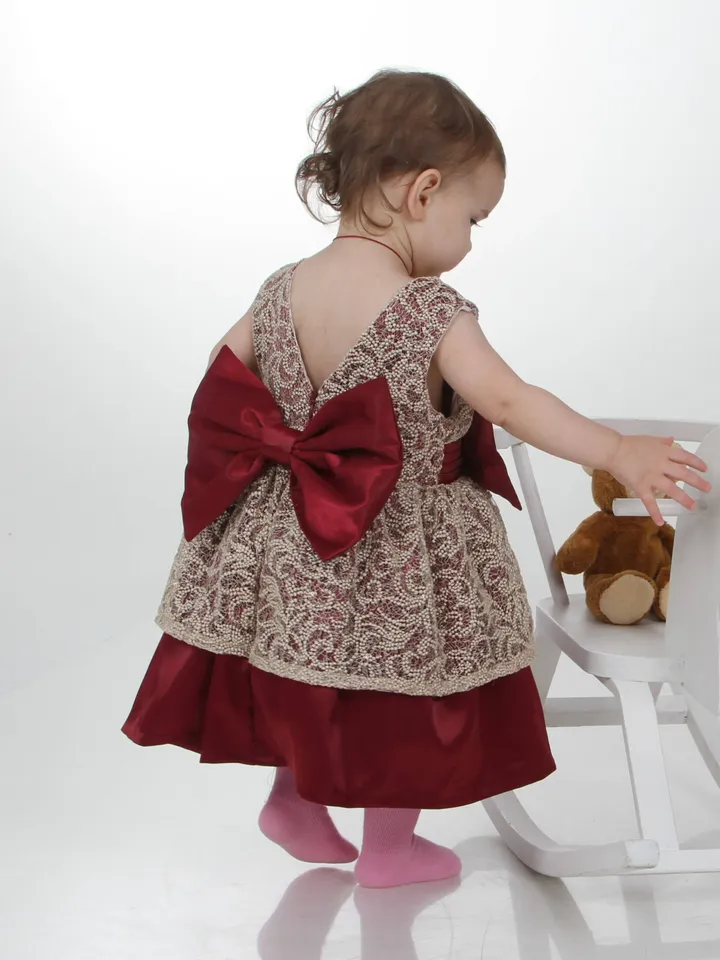 Burgundy Flower Girl Dress, Girl Lace Dress, First Birthday Dress, Big Bow Dress, First Communion Dress, Formal Dress, Photoshoot Dress