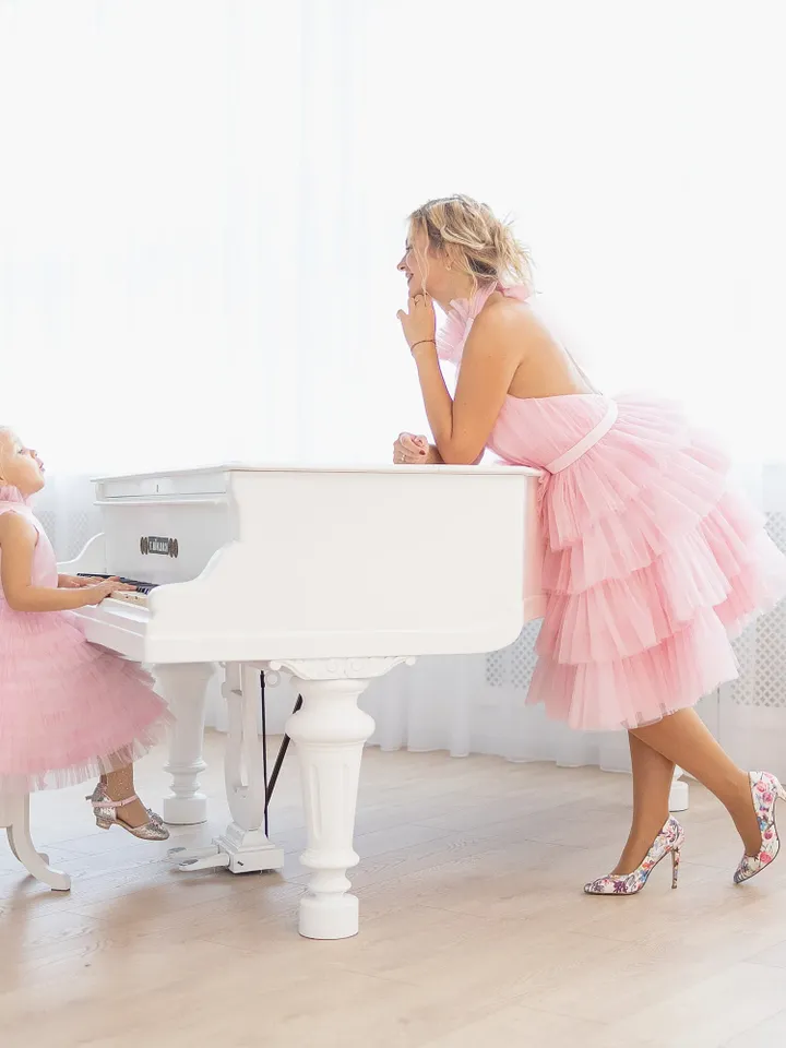 Pink Mommy And Me Dresses, Tulle Matching Gowns, Halter Tiered Dresses, Birthday Party Dresses, Summer Photoshoot Dress, Women Sundress