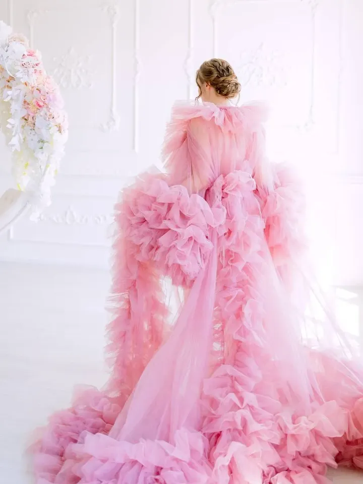 Ruffle Maternity Photoshoot Dress, Dusty Rose Robe, Maternity Robe Dress, Tulle Ruffle Robe, Pregnancy Gown, Boudoir Robe, Mom To Be Dress