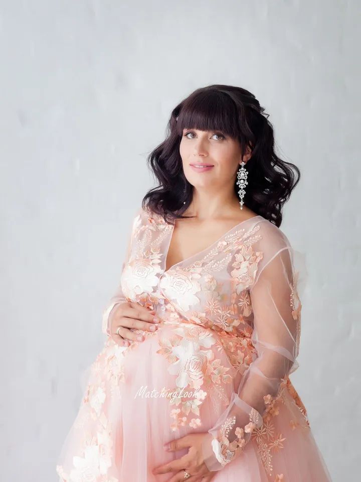 Maternity Dress, Pregnnacy Dress for Photoshoot, Peach Lace Maternity Gown, Infinity Dress, Tulle Train Dress, Formal Dress, Princess Dress