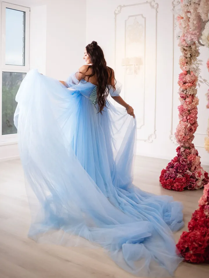 Sky Blue Maternity Dress With Train, Ready To Ship, Baby Shower Tulle Dress, Infinity Dress For Photoshoot, Pregnancy Tulle Dress, Floor