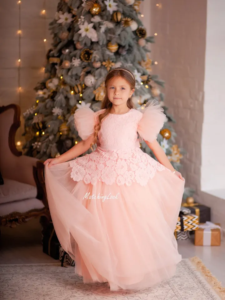 Peach Flower Girl Dress, Lace Girl Dress, Toddler Gown Dress, Photoshoot Dress, Puff Sleeve Dress, Girl Party Dress, Tulle Tutu Dress
