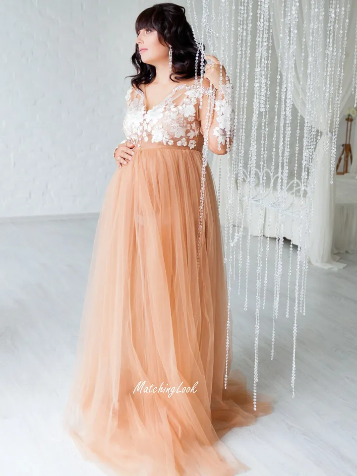 Tulle Maternity Dress, Women Nude Dress, Maternity Photoshoot Dress, Elegant Dress, Photoprops Dress, Formal Maxi Dress, Baby Shower Dress