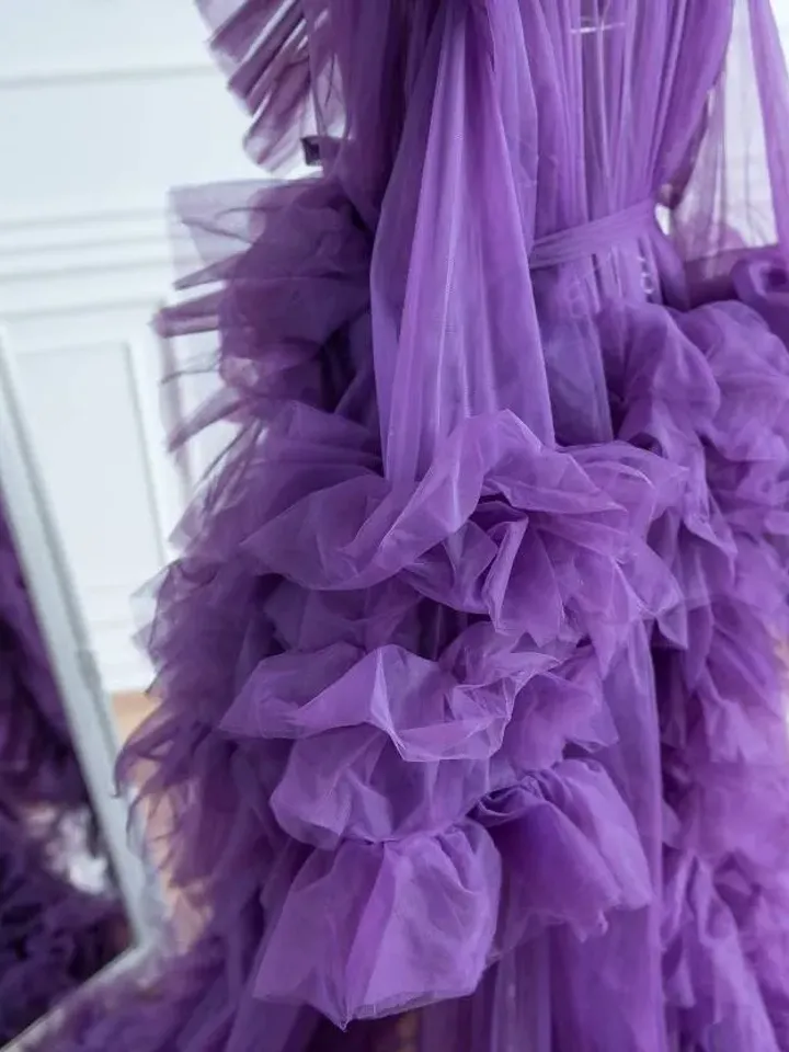 Boudoir Maternity Photoshoot Dress, Eggplant Robe Dress, Purple Maternity Fluffy Gown, Extra Long Tulle Ruffle Robe, Pregnancy Puffy Gown
