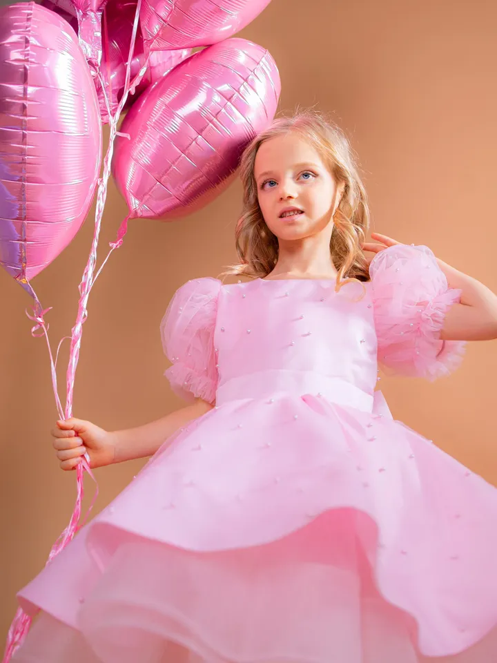 Baby Pink Tutu Dress, Pearl Girl Dress, Party Girl Dress, Knee Length Dress, Birthday Girl Dress, Lantern Sleeve Dress, Photo Prop Dress