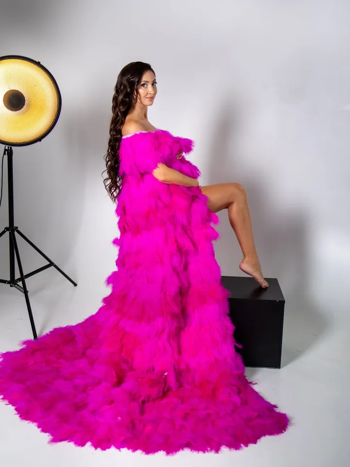 Hot Pink Feather Cape, Photoshoot Feather Robe, Maternity Dress, Maternity Feather Boudoir Dress, Pregnancy Gown, Pink Maternity Photo Prop