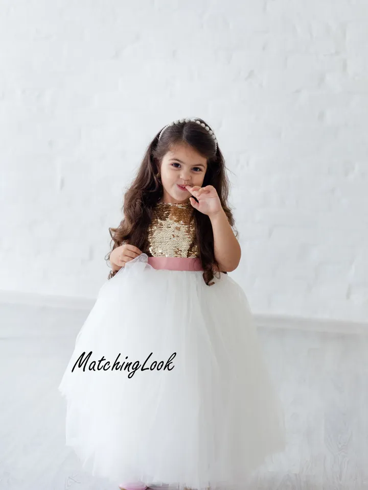Gold And Ivory Dress, Sequin Girl Dress, Christening Gown, Flower Girl Dress, Tutu Tulle Dress, Birthday Girl Outfit,Junior Bridesmaid Dress