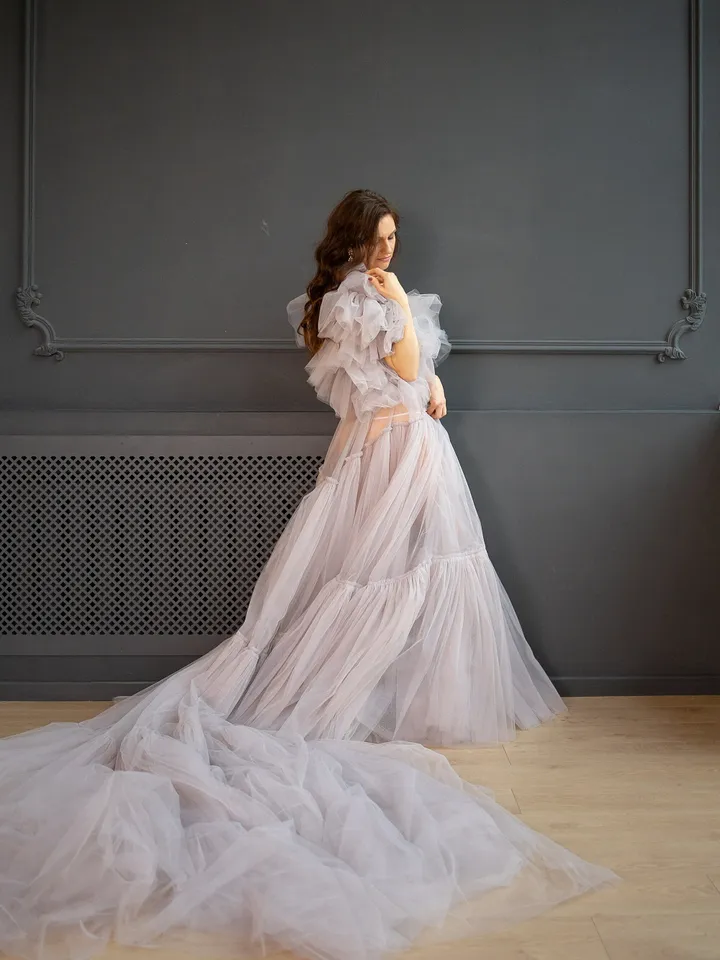 Grey Photoshoot Cape, Maternity Robe With Long Train, Maternity Robe For Photoshoot, Boudoir Robe, Pregnancy Gown Robe, Tiered Cape