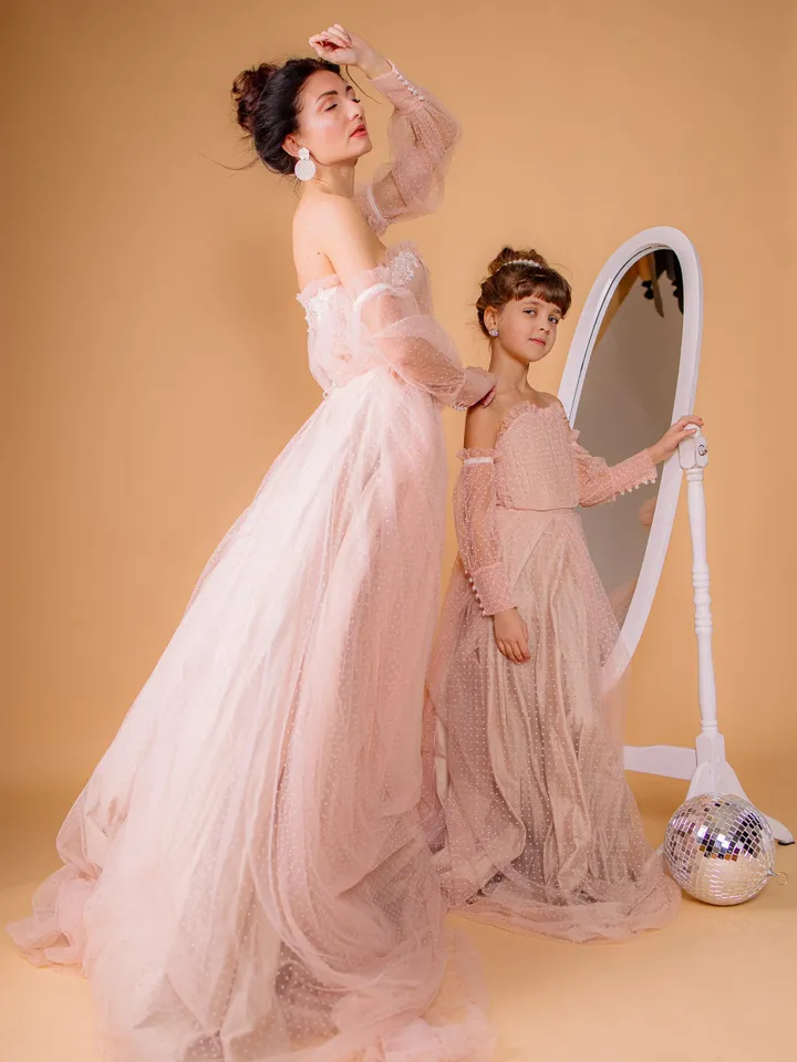 Set Of Mother Daughter Dresses, Polka Dot Blush Dresses, Matching Mommy And Me Dresses, Photoshoot Gowns, Off Shoulder Gown, Formal Dresses