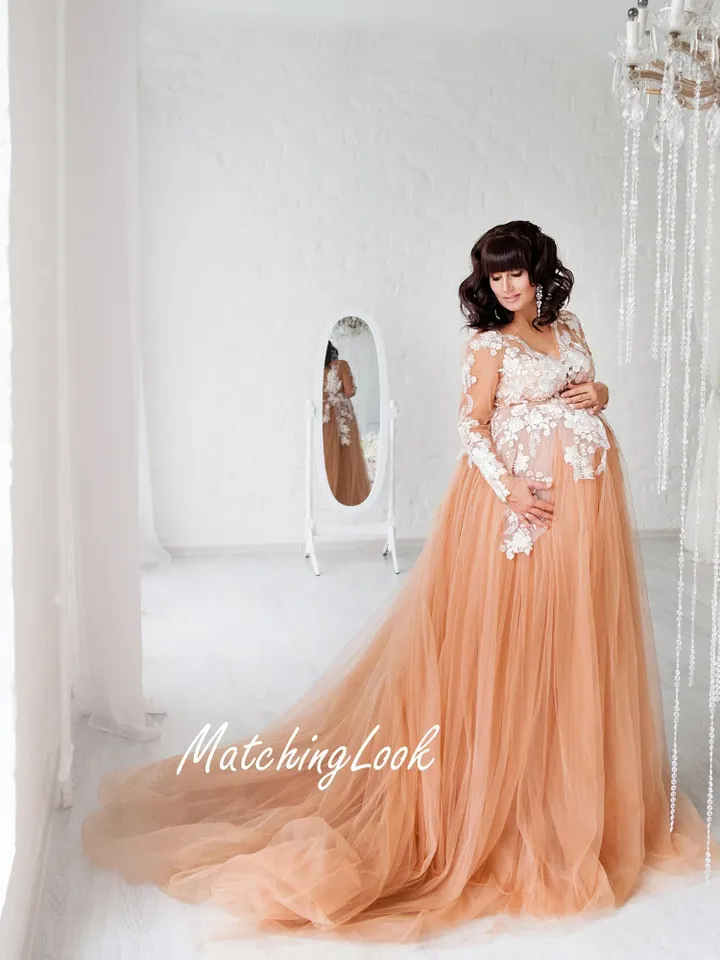 Nude Maternity Dress With Train, Photoshoot Dress, Tulle Maxi Gown, Nude Formal Dress, Pregnancy Photoshoot Dress, Long Sleeve Dress, Lace