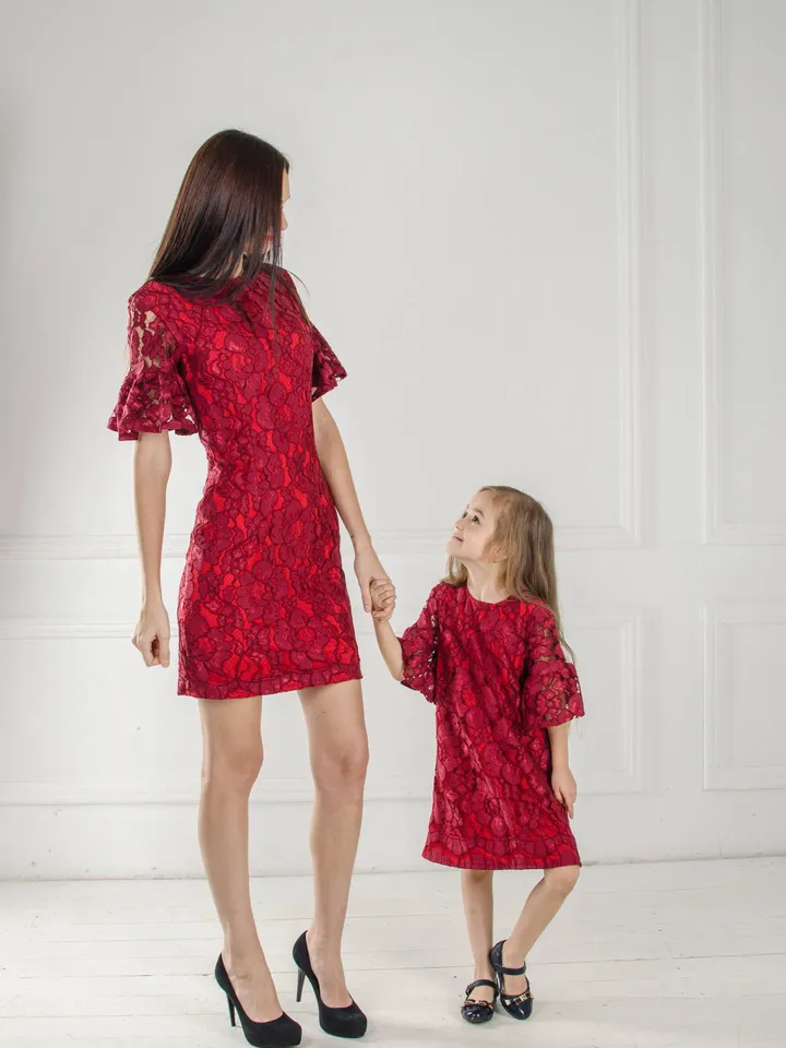 Mother Daughter Matching Dresses, Mommy And Me Outfit, Burgundy Lace Dresses, Matching Set, 1st Birthday Outfit,Wedding Guest Matching Dress