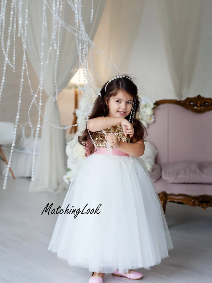 Gold And Ivory Dress, Sequin Girl Dress, Christening Gown, Flower Girl Dress, Tutu Tulle Dress, Birthday Girl Outfit,Junior Bridesmaid Dress