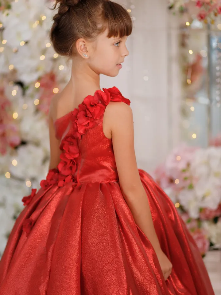 Red Ball Gown Toddler, Christmas Gown Girl, Holiday Photoshoot, One Shoulder Gown, Girl Ball Gown, Princess Dress, Xmas Photography Dress