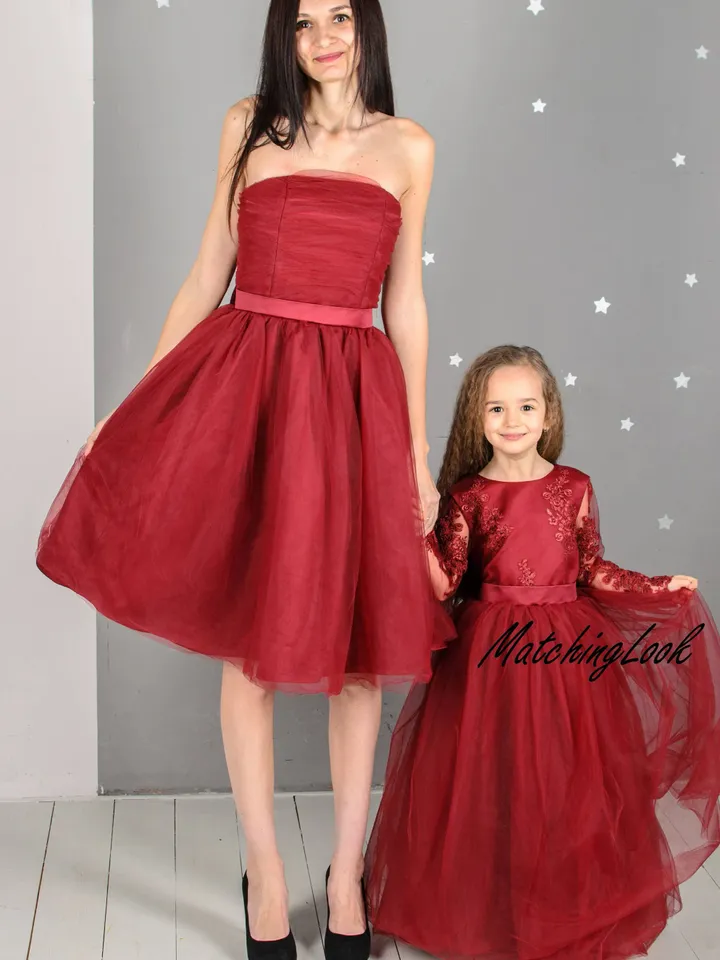 Mommy and Me Outfit, Girl Burgundy Dress, Mother Daughter Matching Dress, Girl Party Dress, Tulle Princess Dress, Formal Dress, Elegant