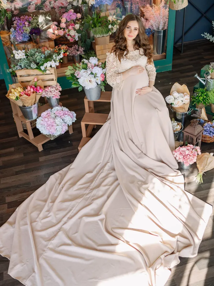 Beige Maternity Phooshoot Gown, Off the Shoulder Pregnancy Dress, Lace Maternity Dress, Maternity Photoshoot Dress, Baby Shower Dress