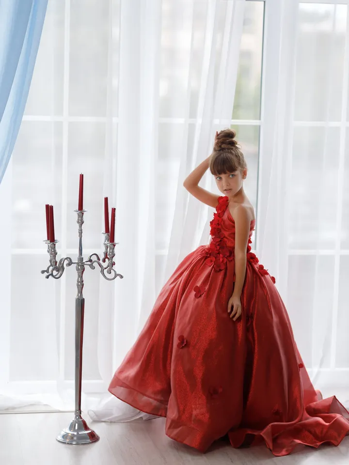 Red Ball Gown Toddler, Christmas Gown Girl, Holiday Photoshoot, One Shoulder Gown, Girl Ball Gown, Princess Dress, Xmas Photography Dress