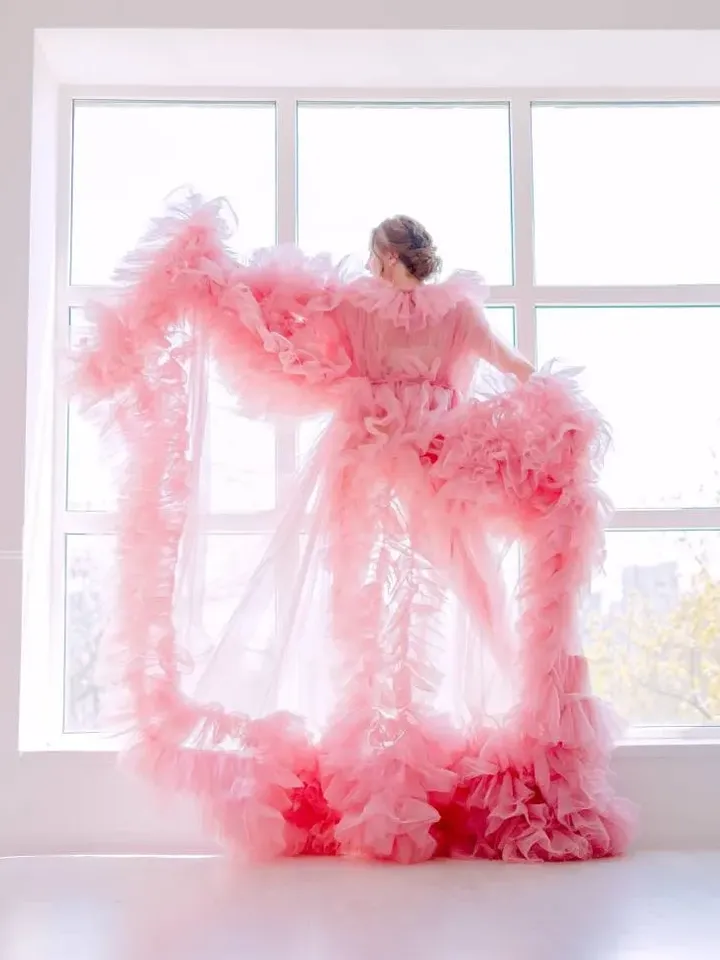 Ruffle Maternity Photoshoot Dress, Dusty Rose Robe, Maternity Robe Dress, Tulle Ruffle Robe, Pregnancy Gown, Boudoir Robe, Mom To Be Dress