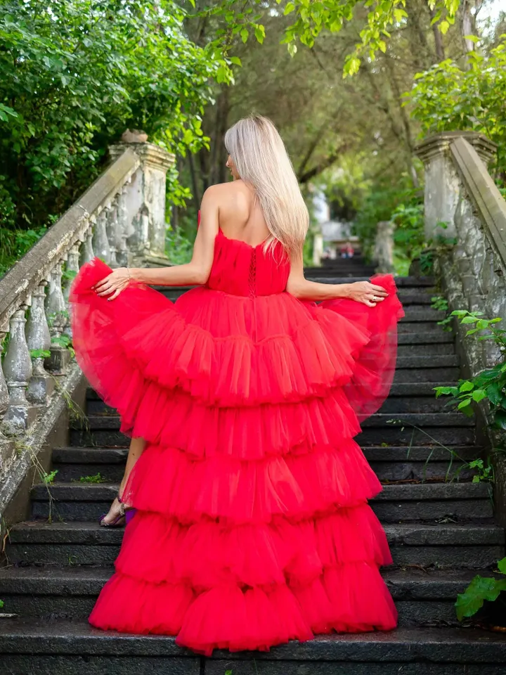 High Low Tutu Tulle Dress, Red Asymmetrical Tiered Dress, Prom Dress, Sweetheart Dress, Engagement Dress, Red Birthday Dress, Photoshoot