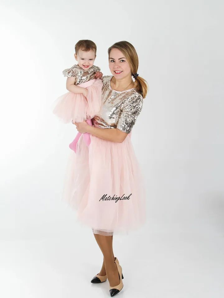 Mommy And Me New Year Dresses, Gold Sequin Dress, Mother Daughter Matching Outfit, Pink Tutu Dress, Party Dress, Formal Dress, Photoshoot