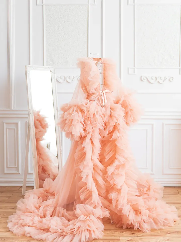Nude Tulle Maternity Robe, Photoshoot Robe, Beige Bridal Robe, Boudoir Tulle Robe Dress, Pregnancy Gown Robe, Ruffle Robe for Photoshoot