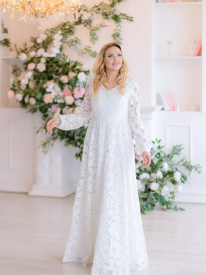 Off White Maxi Dress, Fall Wedding Lace Dress, A Line Dress, Long Sleeves Dress, Boho Wedding Dress, Floral Lace Dress, Minimalist Dress