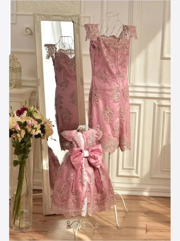 Mommy and Me Dresses, Dusty Rose Dress, Formal Lace Dress, Big Bow Dress, Matching Mother Daughter Dress, Elegant Dress, Pink Pageant Dress