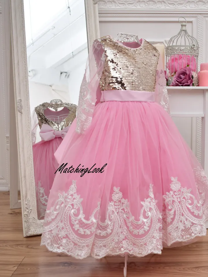Gold and Pink First Birthday Outfit for Baby Girl, Flower Girl Lace Dress, Lace Birthday Dress, Tutu Dress for Girl, Sequin Birthday Dress