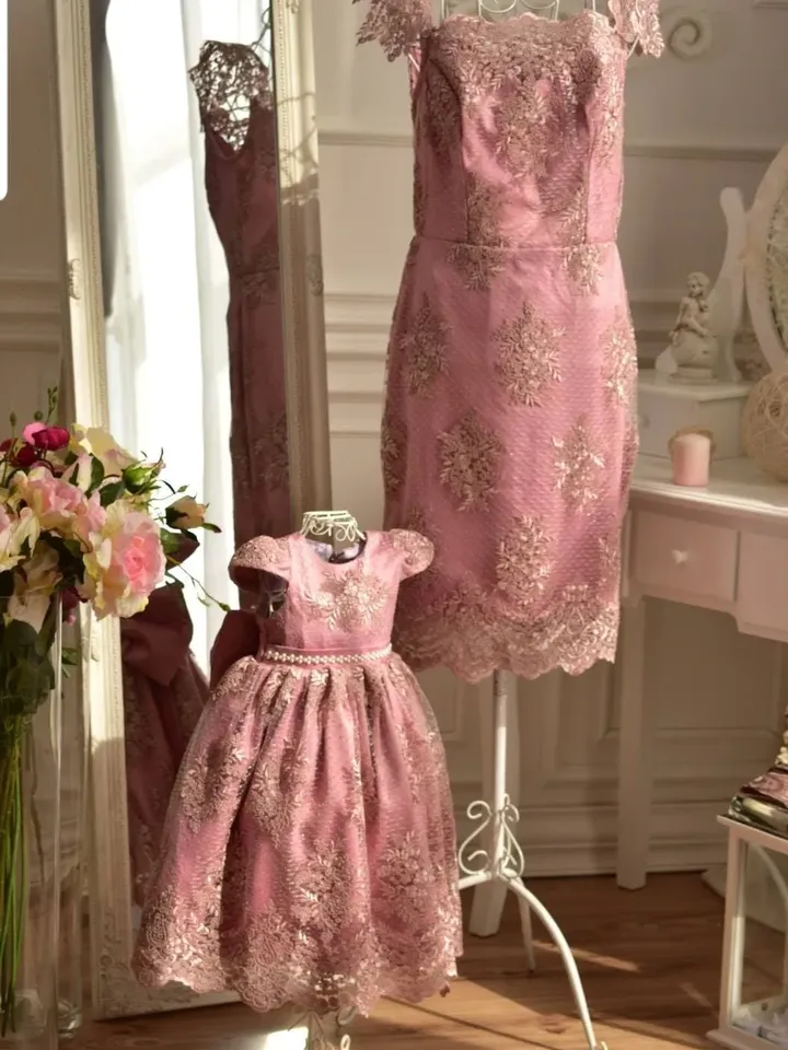 Mommy and Me Dresses, Dusty Rose Dress, Formal Lace Dress, Big Bow Dress, Matching Mother Daughter Dress, Elegant Dress, Pink Pageant Dress