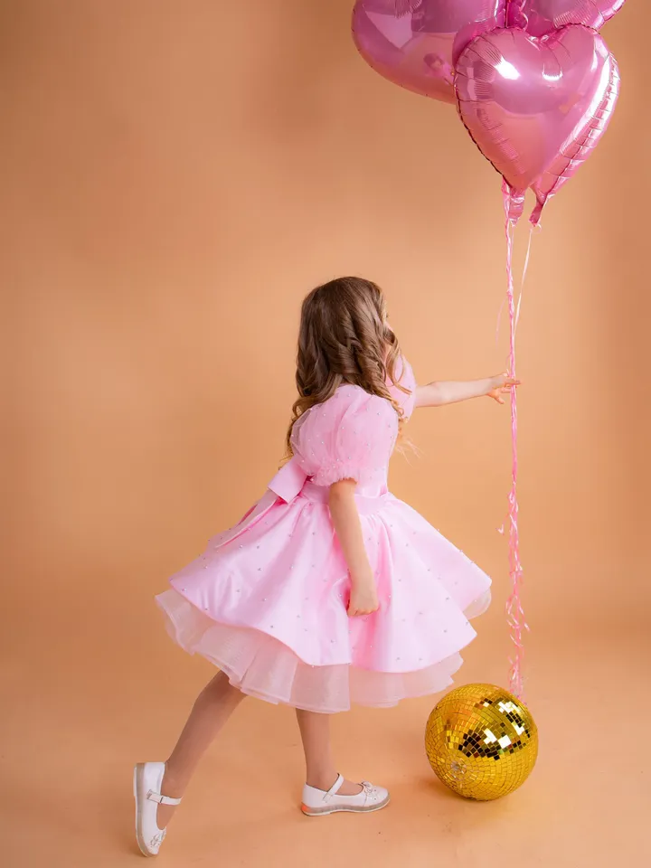 Baby Pink Tutu Dress, Pearl Girl Dress, Party Girl Dress, Knee Length Dress, Birthday Girl Dress, Lantern Sleeve Dress, Photo Prop Dress