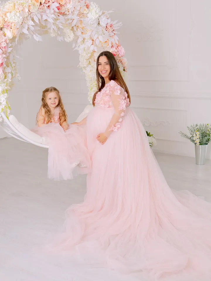 Maternity Mommy and Me Dress, Matching Maternity Photoshoot Dress, Blush Tulle Gown, Maternity Gown with train, Pregnancy Lace Dress
