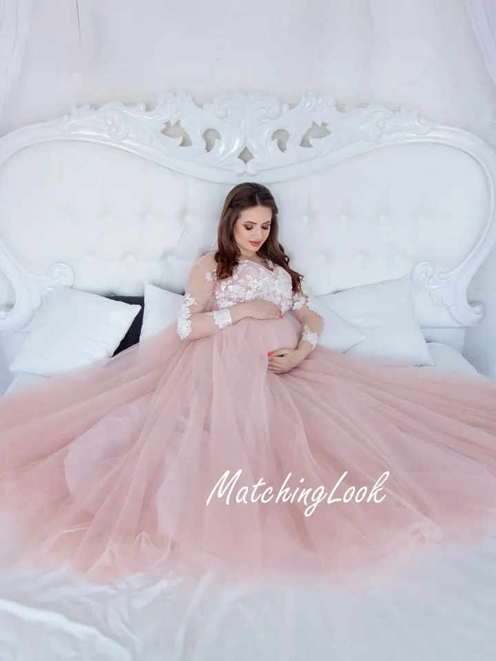Blush Baby Shower Dress, Maternity Dress For Photo Shoot, Tulle Maternity Dress, Maternity Gown, Pregnancy Dress, Maternity Long Lace Dress