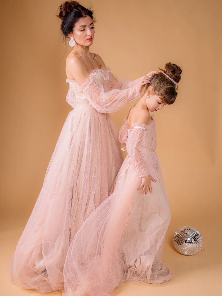 Baby Girl Blush Dress, Polka Dot Dress, Baby Girl Tulle Dress, Toddler Formal Gown, Flower Girl Dress, 1st Birthday Dress, Special Occasion