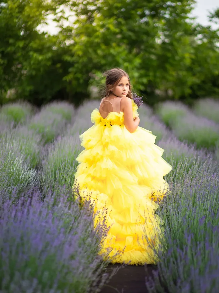 Yellow Tulle Dress, Flower Girl Dress, Girl Pageant Dress, Tulle Princess Dress, High Low Dress, Girl Tiered Dress, Special Occasion Dress