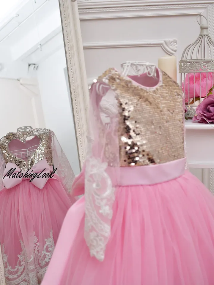Gold and Pink First Birthday Outfit for Baby Girl, Flower Girl Lace Dress, Lace Birthday Dress, Tutu Dress for Girl, Sequin Birthday Dress
