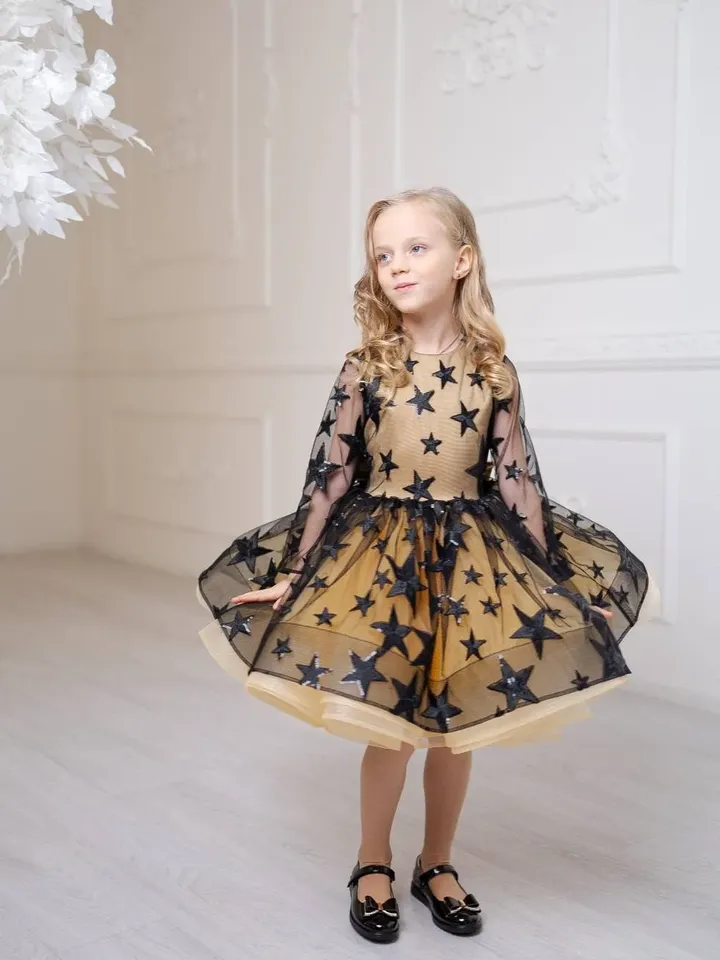 Sparkling Toddler Dress For 5-7 Years Old, Princess Short Dress, Puffy Tulle Dress, Baby Girl Formal Dress With Stars, Ready To Ship