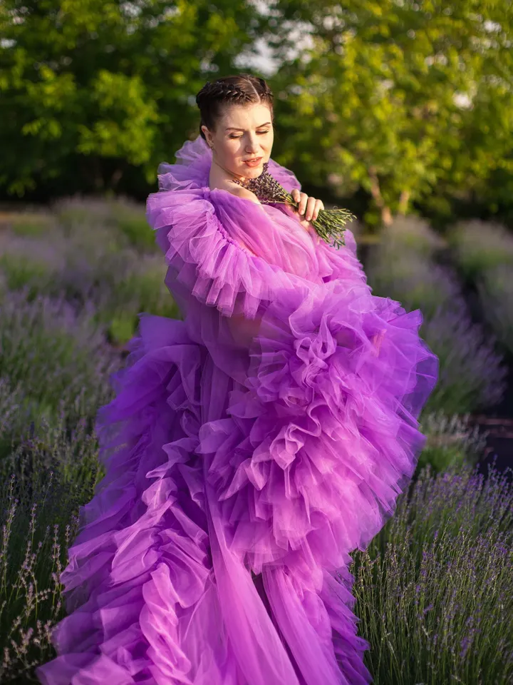 Lavender Frilled Maternity Robe, Photoshoot Robe, Ruffle Tulle Robe, Bridal Fluffy Robe, Pregnancy Photography, Purple Flying Dress,Negligee