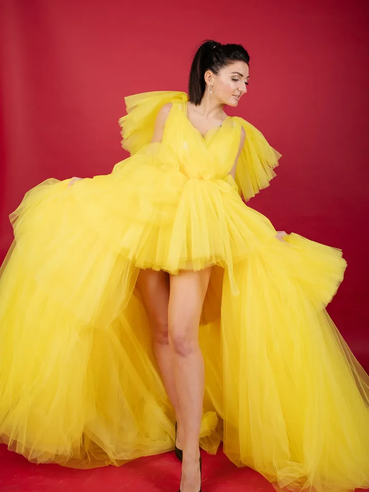 Yellow Tulle Boudoir Dress, Tulle Frilled Robe, Yellow Photoshoot Dress, Tiered Cape For Photoshoot, Yellow Ruffle Dress, Photoshoot Gown