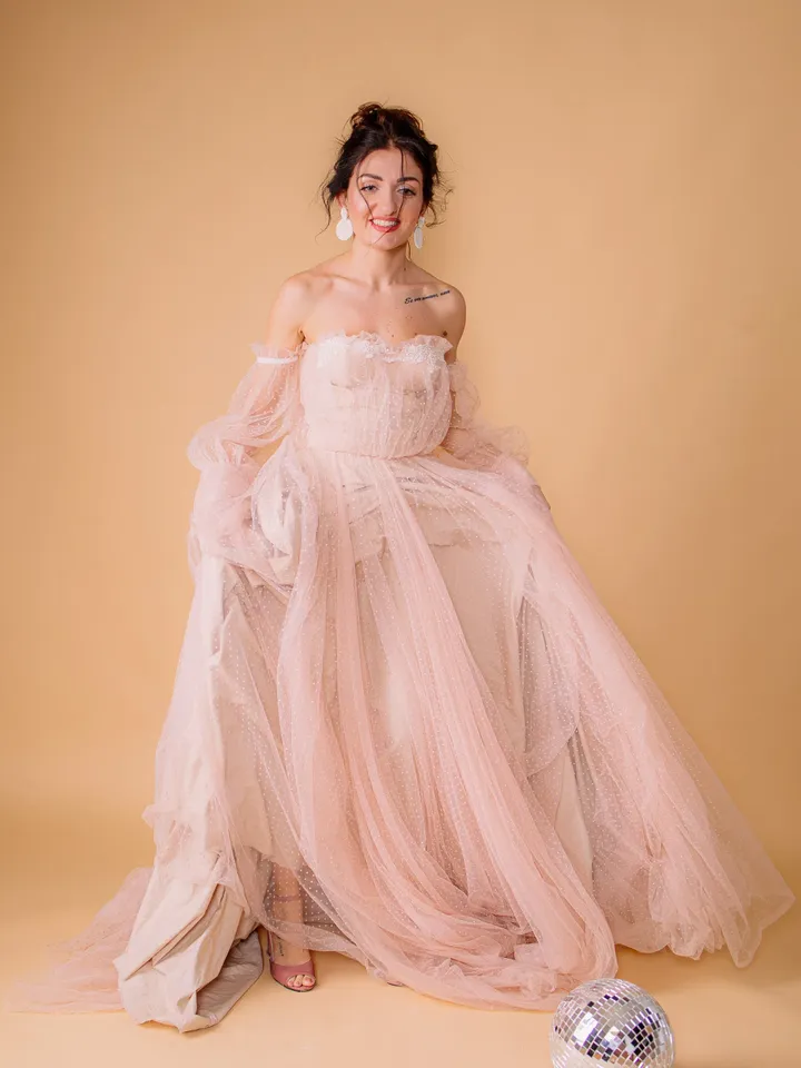 Pink Wedding Dress, Blush Tulle Gown, Polka Dot Elegant Dress