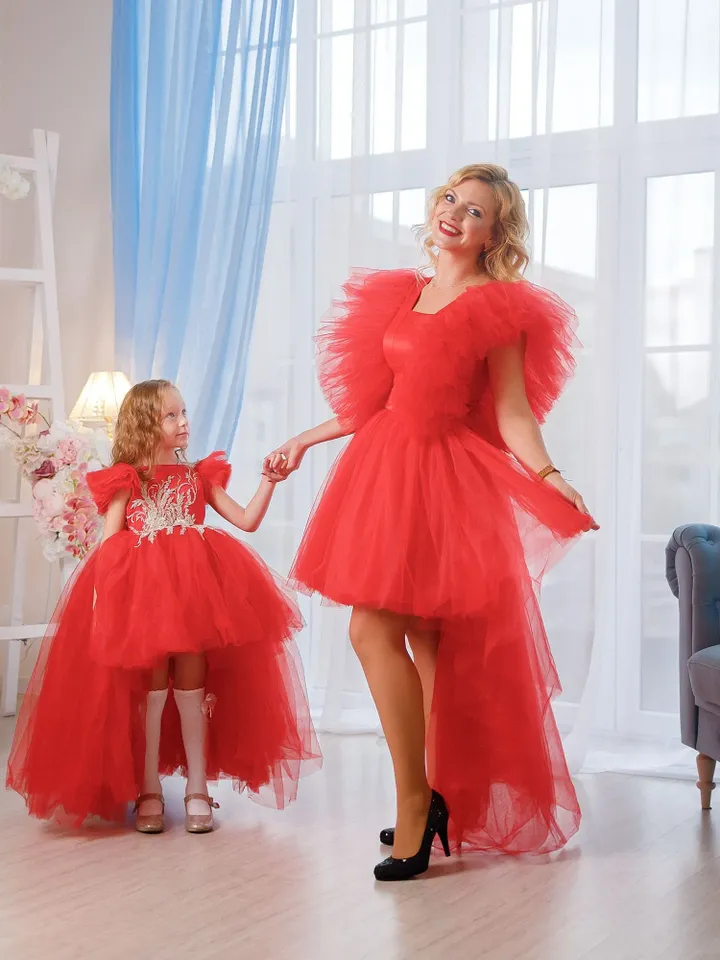 Mommy and Me Red Dresses, Formal Dress, Elegant Photoshoot Dress, Mother Daughter Matching Dress, Tulle Tutu Dress, High Low Tulle Dress