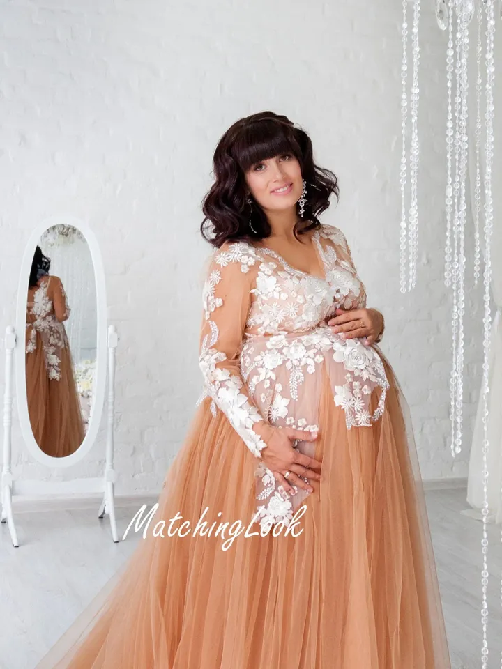 Nude Maternity Dress With Train, Photoshoot Dress, Tulle Maxi Gown, Nude Formal Dress, Pregnancy Photoshoot Dress, Long Sleeve Dress, Lace