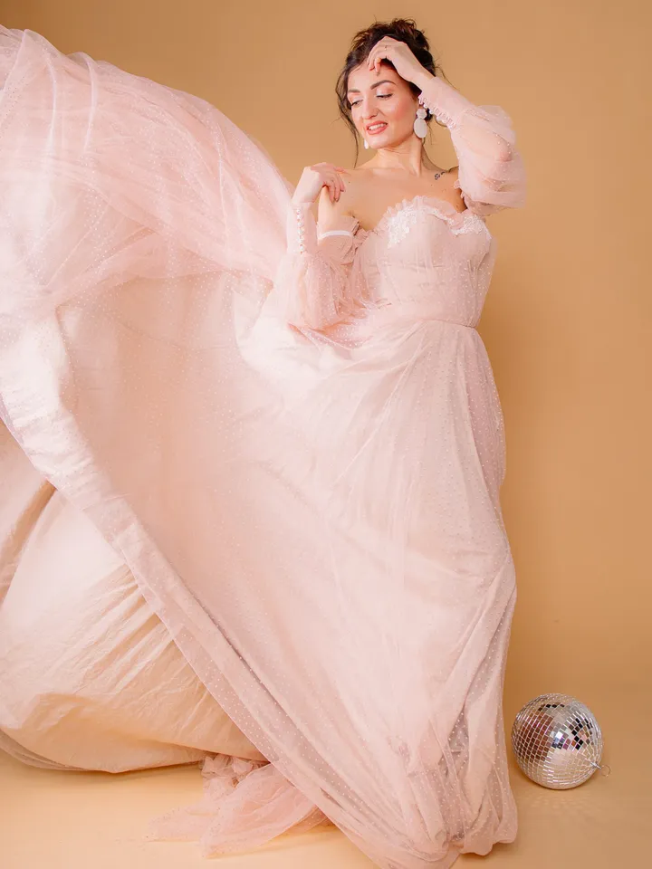 Pink Wedding Dress, Blush Tulle Gown, Polka Dot Elegant Dress