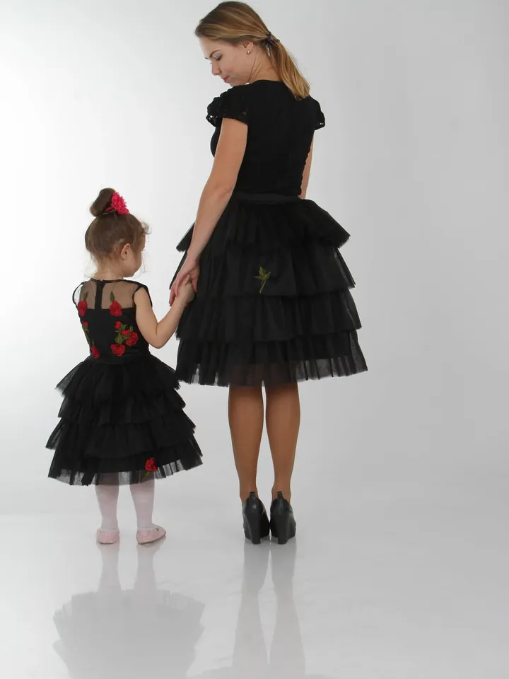 Mother Daughter Matching Dresses, Black Tutu Dresses, Mommy and Me New Year Outfit, Photoshoot Dress, Embroidered Formal Dress,Layered Dress