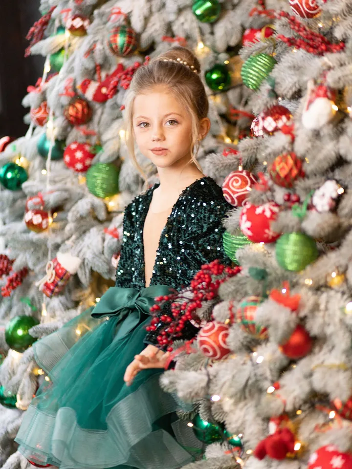 Toddler Christmas Dress, Girl Emerald Green Dress, Xmas Party Dress, Short Tulle Dress, Princess Sequin Dress, Pageant Dress,Photoshoot Gown