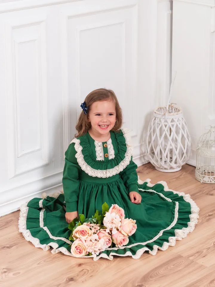 Girl Linen Dress, Green Girl Dress, Vintage Style Dress, Toddler Ruffle Dress, Girl Birthday Dress, Linen Clothing, Special Occasion Dress