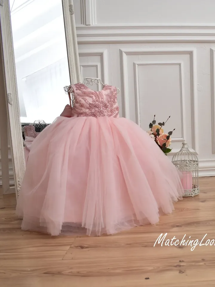 Flower Girl Dress, Blush Tutu Dress, Baby Girl Dress, 1st Birthday Dress, Back Ribbon Dress, Girl Princess Dress, Elegant Dress, Photoshoot